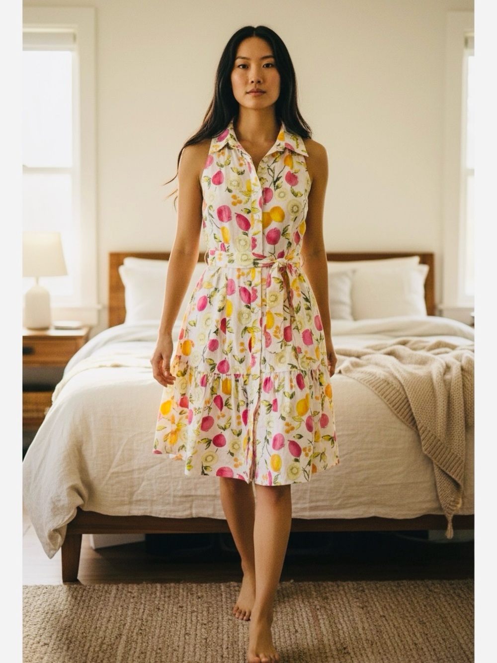 Cynthia Rowley Linen Blend Fruit Design Ruffle Dress Size 8 Lined, Belt NWOT